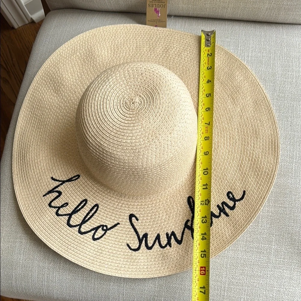 Joules Beige Wide Brim Hat with 'Hello Sunshine' Embroidery